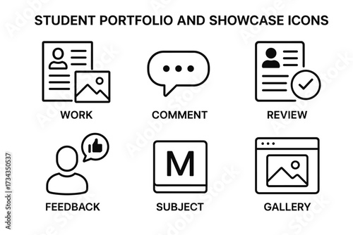 Student portfolio showcase icons: work, comment, review, feedback, subject, gallery