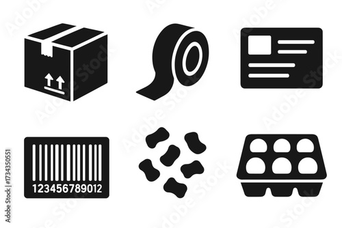 Shipping icons: box, tape, barcode, eggs, id, bone shapes