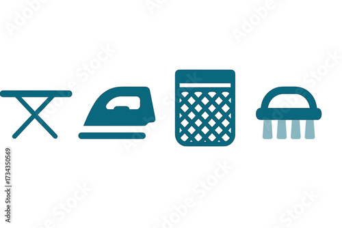 Essential laundry and cleaning tools: ironing board, electric iron, clothes basket, and scrubbing brush