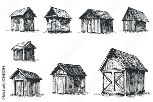 A collection of hand-drawn wooden buildings including barns and sheds in a rustic style..