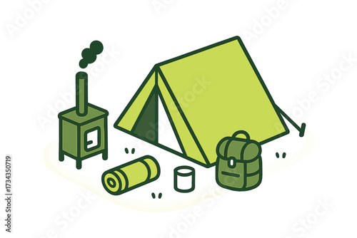 Outdoor camping setup with a green tent, portable wood stove, sleeping pad, and backpack for wilderness adventure