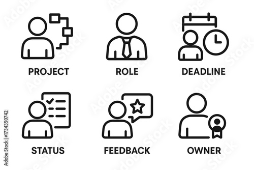Project management icons: role, deadline, status, feedback, owner symbols