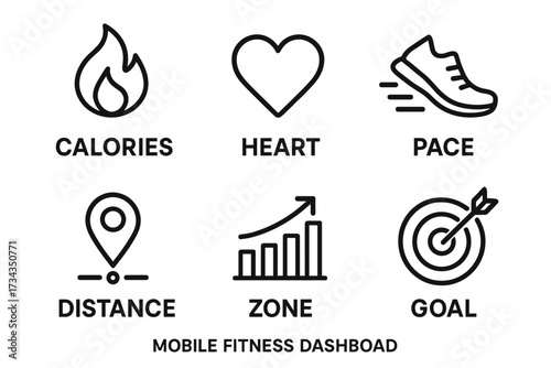 Mobile fitness dashboard icons: calories, heart, pace, distance, zone, goal