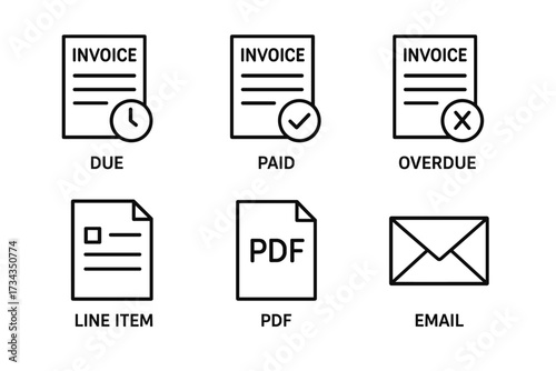 Invoice and document icons: due, paid, overdue, pdf, line item, email