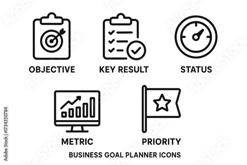 Business goal planner icons: objective, key result, status, metric, priority