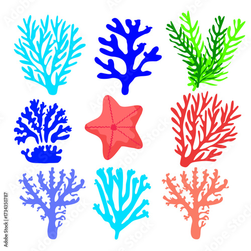 Hand-drawn vector illustration set of corals and starfish in green, blue, and orange tones, beautiful marine design.