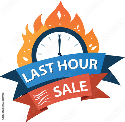 Last Hour Sale Banner with Clock and Flames