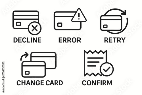 Credit card icons: decline, error, retry, change, confirm symbols