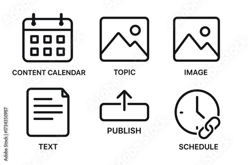 Content planning icons: calendar, topic, image, text, publish, schedule