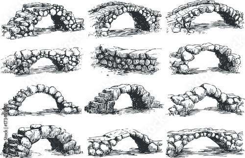 Collection of hand-drawn stone arches showcasing various architectural styles and designs..