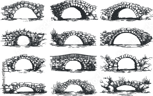 A collection of various stone bridge designs showcasing arches and natural elements..