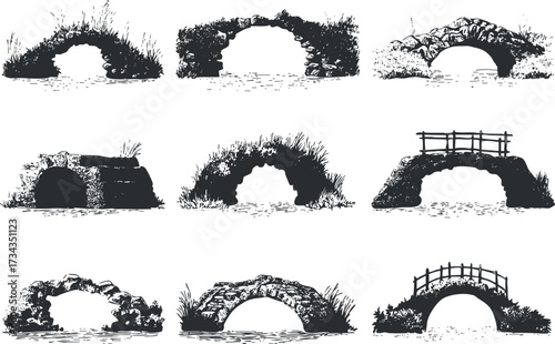 A collection of vintage stone and wooden bridges illustrated over water in a natural landscape..