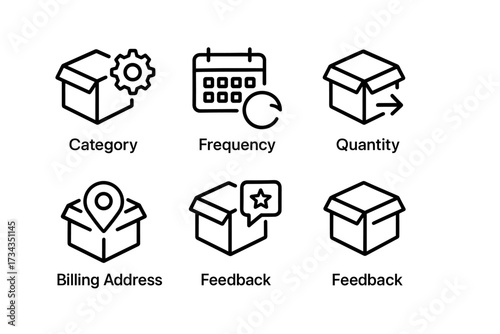 Set of minimalist package management icons with box, calendar, and location symbols