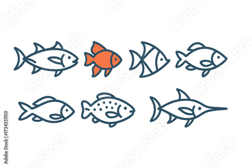 Stylized collection of diverse aquatic fish species featuring one distinct orange fish swimming in a row on a clean white background