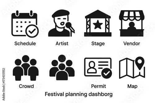 Festival planning dashboard icons: schedule, artist, stage, and more