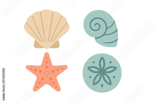 Collection of diverse beach elements featuring seashells, a starfish, and a sand dollar in a clean graphic style