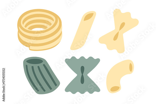 Diverse collection of dry Italian pasta shapes for cooking including penne, farfalle, macaroni, and rigatoni