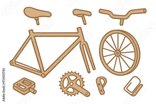Various essential bicycle parts and components including frame, wheel, seat, handlebars, pedals, and chainring for building or repairing a bike