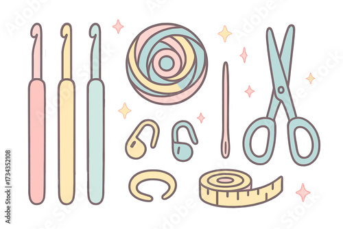 Beautifully arranged collection of crochet and sewing tools featuring yarn, hooks, scissors, and measuring tape in soft pastel colors