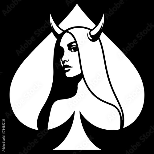 A beautiful woman with horns depicted inside the shape of a spade. An alluring and mysterious black and white character design for fantasy concepts.