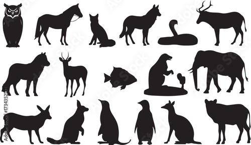 A black vector set collection of wild and farm animal silhouettes, including a deer, wolf, tiger, elephant, dog, cat, horse, cow, and goat