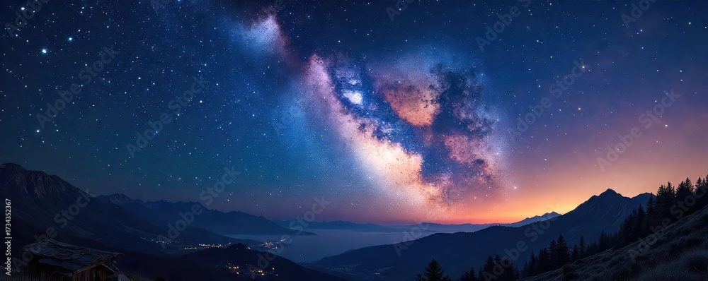 Naklejka premium A breathtaking panoramic view of a starry night sky, capturing the vastness and mystery of the cosmos, often associated with spiritual and religious contemplation , night sky, universal energy