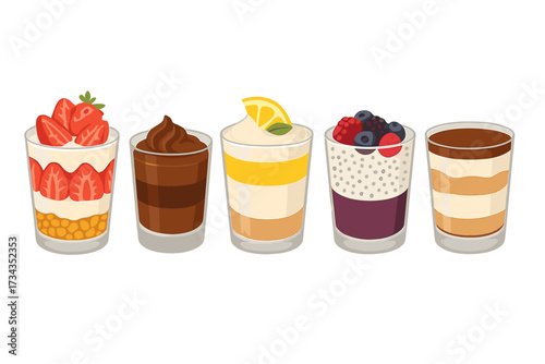 Delicious sweet layered desserts in clear glasses featuring strawberry, chocolate, lemon, and mixed berry flavors, perfect for a treat