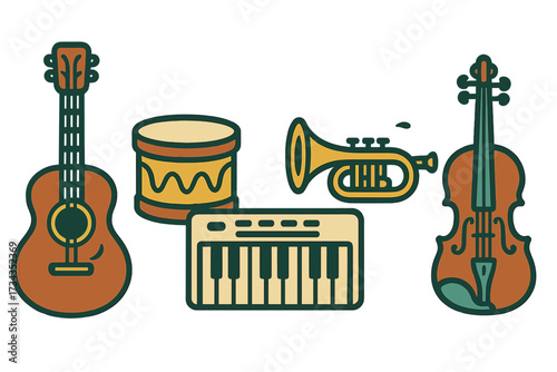 Variety of musical instruments including guitar, drum, trumpet, keyboard, and violin for music concepts