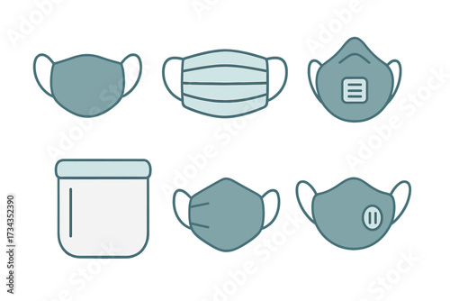 Collection of personal protective equipment including various face masks and a transparent face shield for health protection