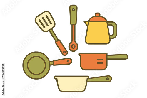 Colorful kitchen cooking utensils and essential cookware items for preparing delicious meals at home
