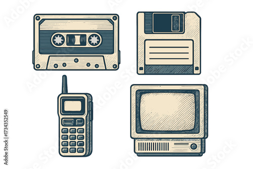Collection of vintage technology devices including cassette tape, floppy disk, old mobile phone, and retro computer monitor