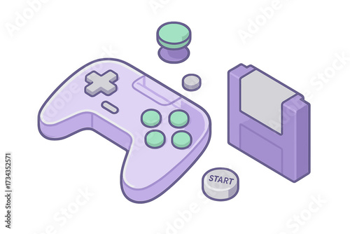 Retro video game controller, floppy disk, and gaming buttons in an isometric style for digital entertainment