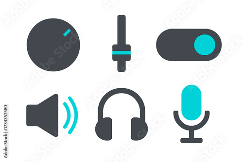 Collection of modern flat design icons representing audio control, sound settings, and various media devices