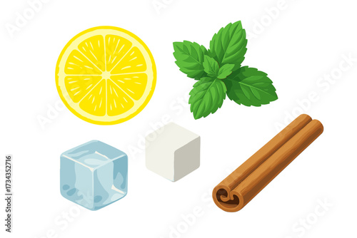 Fresh lemon slice, vibrant green mint leaves, cool blue ice cube, white sugar cube, and aromatic brown cinnamon sticks isolated on white