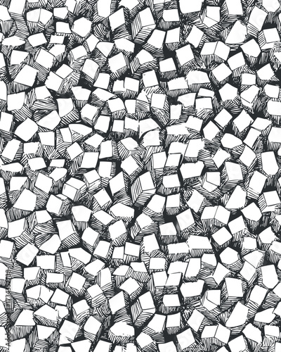 A detailed abstract black and white patterned background featuring a random arrangement of shapes..