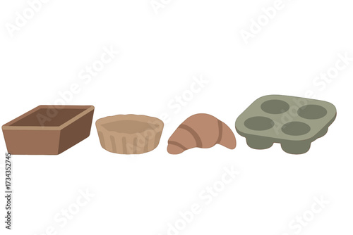 Collection of essential kitchen bakeware items including loaf pan, tart pan, and muffin tin, alongside a freshly baked croissant