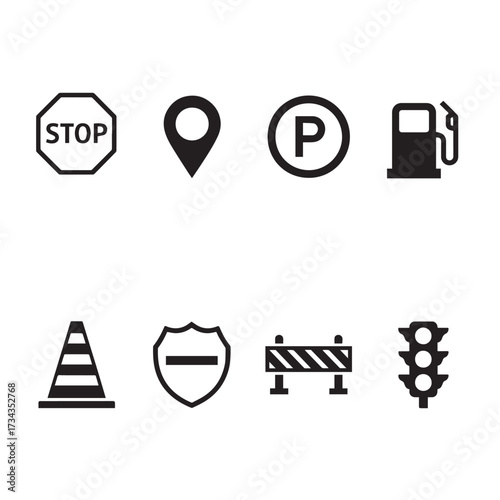 Traffic and Road Sign Icons Set in Black and White