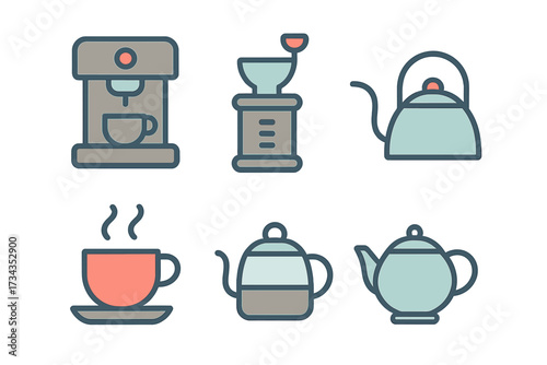 Assortment of modern flat design icons depicting various coffee and tea preparation equipment and hot beverages for daily use