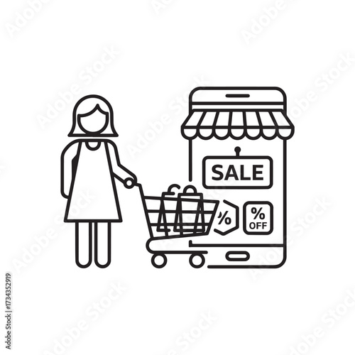 Online Shopping Icon with Woman and Smartphone Sale Concept