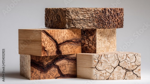 Oblique Stack of Wooden Cubes with Natural Bark and Grain Textures