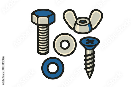 Collection of various metal fasteners including a bolt, screw, wing nut, and washers for construction and repair