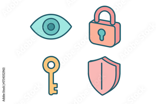 Digital security and privacy icons set featuring eye, lock, key, and shield symbols for web and mobile interfaces
