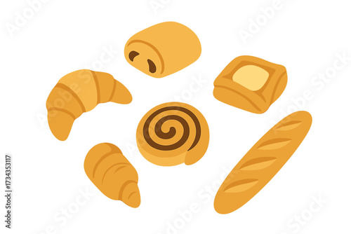 Assortment of fresh baked goods including croissants, pain au chocolat, danish, cinnamon roll, and baguette
