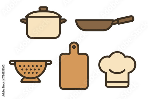 Assortment of kitchen cooking items including a pot, frying pan, colander, cutting board, and chef's hat