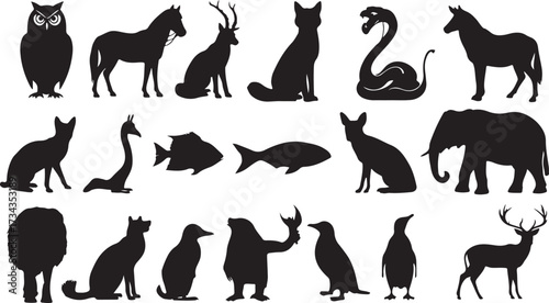 A collection of black vector animal silhouettes showing a set of wild and domestic mammal and bird shapes for design illustration