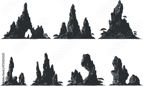 Various silhouettes of rocky mountain formations with trees in a minimalist black and white style.