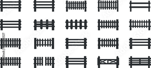 Collection of various fence silhouettes in black and white suitable for design and illustration..