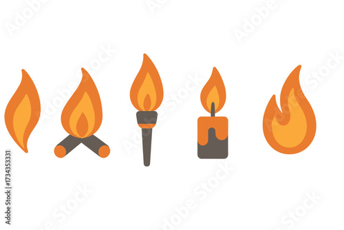 Set of stylized fire, campfire, torch, and candle flames representing heat, light, and burning elements