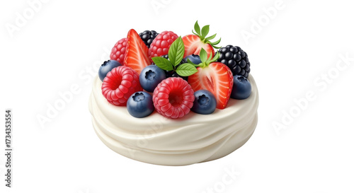 Isolated pavlova cake dessert with berries, raspberries, blueberries, strawberries, and blackberries