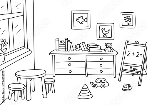 Children's playroom with toys, books, and a drawing easel and table teddy bear